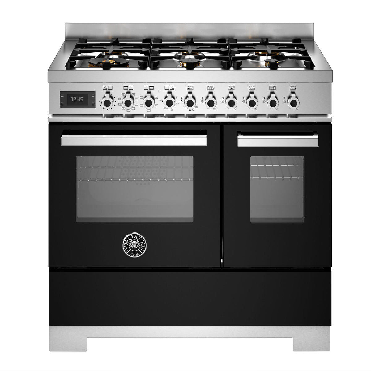 Sort Bertazzoni Professional gaskomfur 90 cm med 6 brændere og 2 ovne