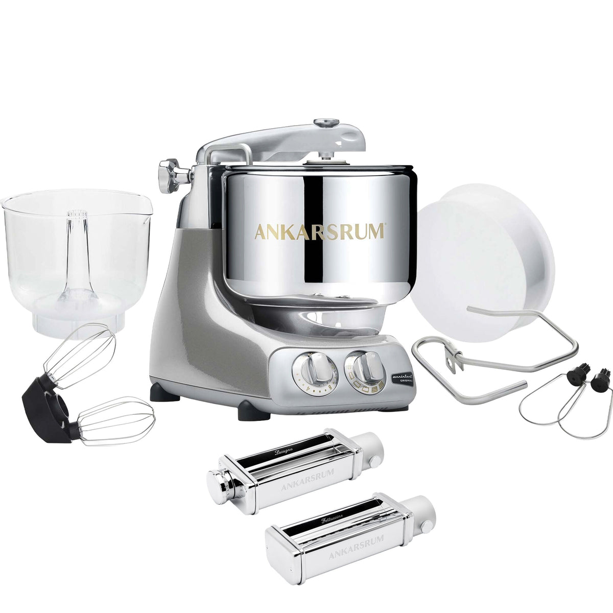 Ankarsrum Assistent Original AKM 6230 køkkenmaskine i skinnende Jubilee Silver med pastakit