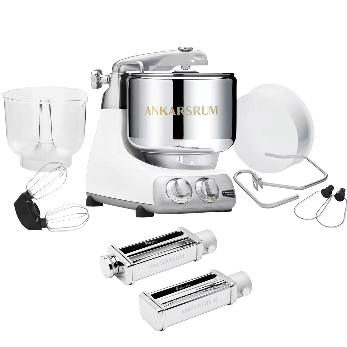 Ankarsrum Assistent Original AKM 6230 køkkenmaskine i højglanspoleret glossy white med pastakit
