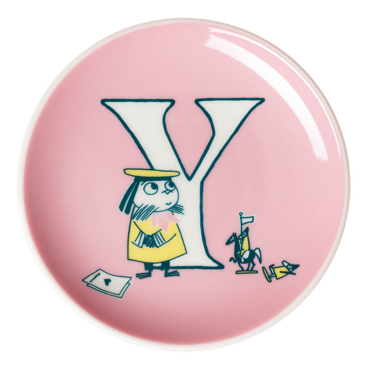 Lille lyserød Moomin Arabia Mumi Y asiet i porcelæn, 10,5 cm
