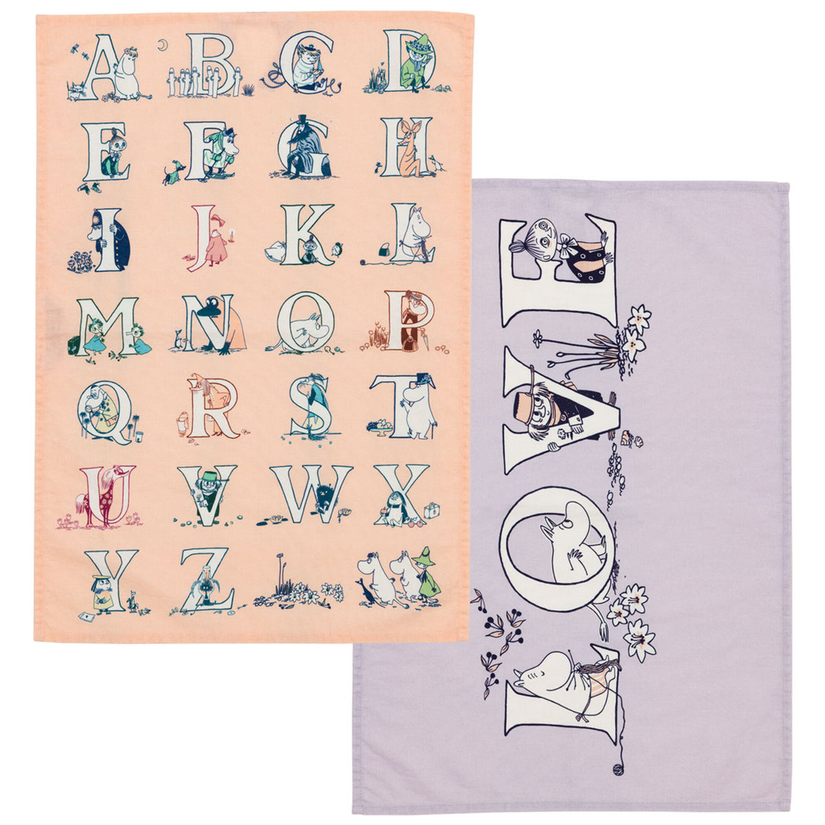 To viskestykker med farverige Mumi-motiver og muminalfabet fra Moomin Arabia