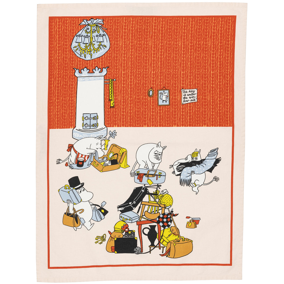 Moomin Arabia viskestykke med Muminfamilien og motivet Klar til ferie, 50 x 70 cm