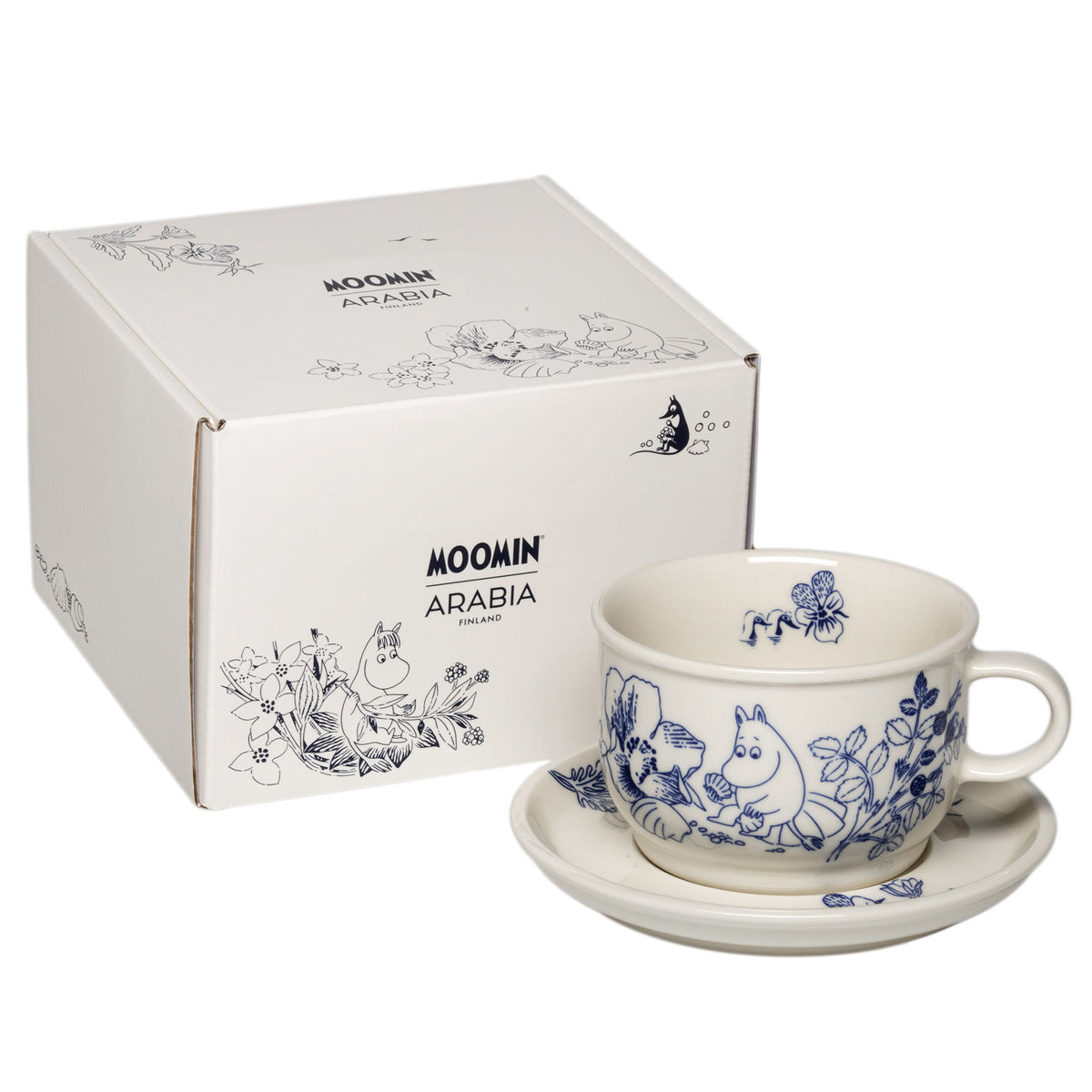 Kop med underkop i blåt og hvidt fra Moomin Arabia Haru-kollektionen