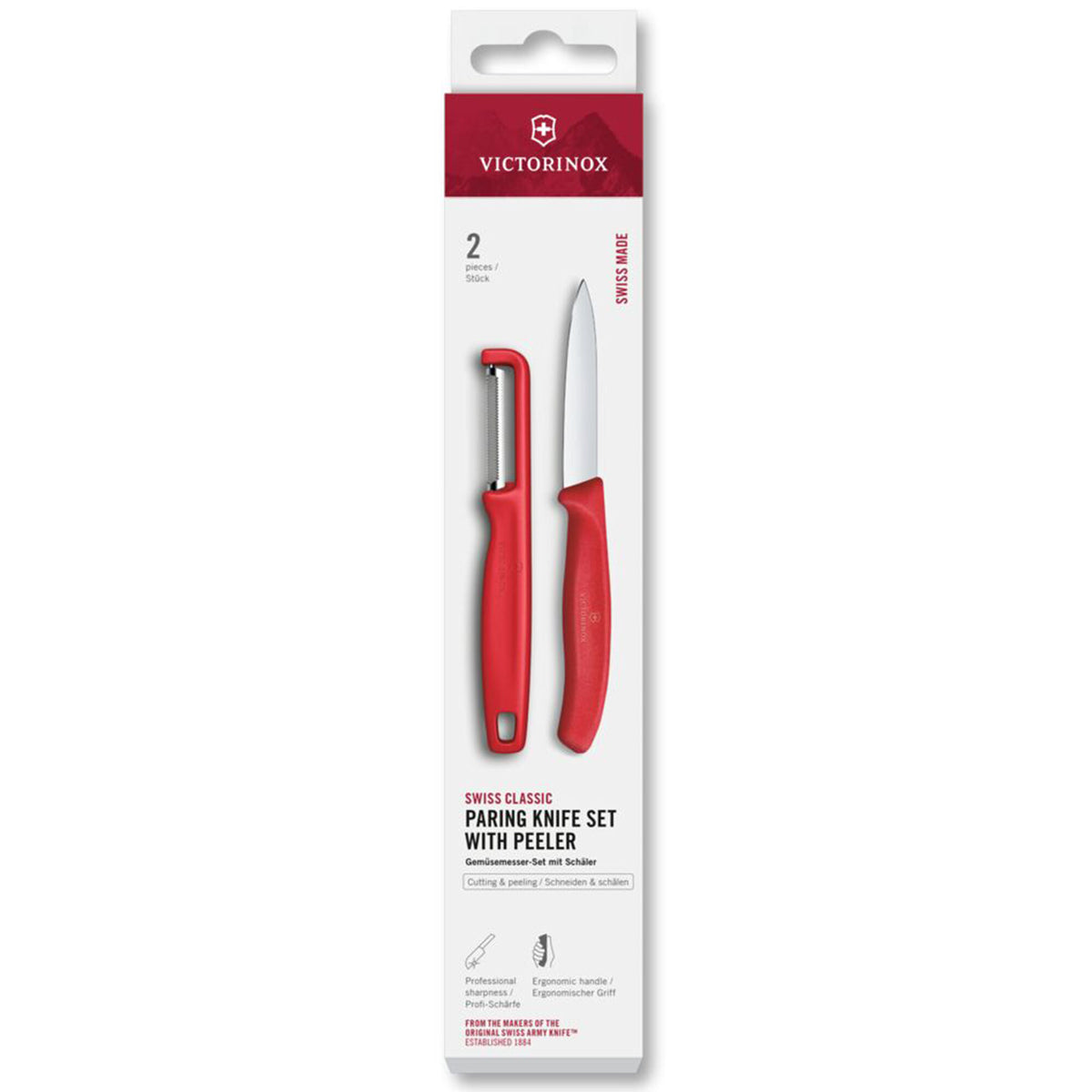 Rødt sæt med Victorinox Swiss Classic kartoffelskræller og urtekniv