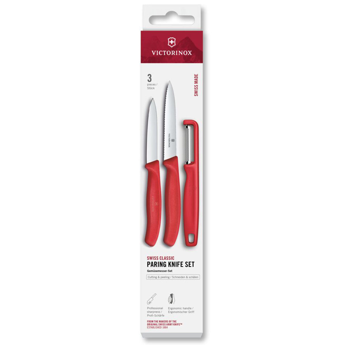 Rødt sæt fra Victorinox Swiss Classic med urtekniv, tomatkniv og kartoffelskræller