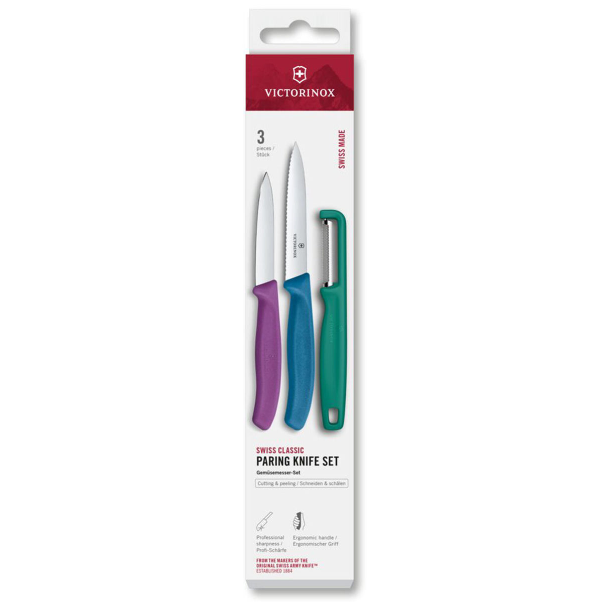 Victorinox Swiss Classic sæt med lilla urtekniv, blå tomatkniv og grøn kartoffelskræller