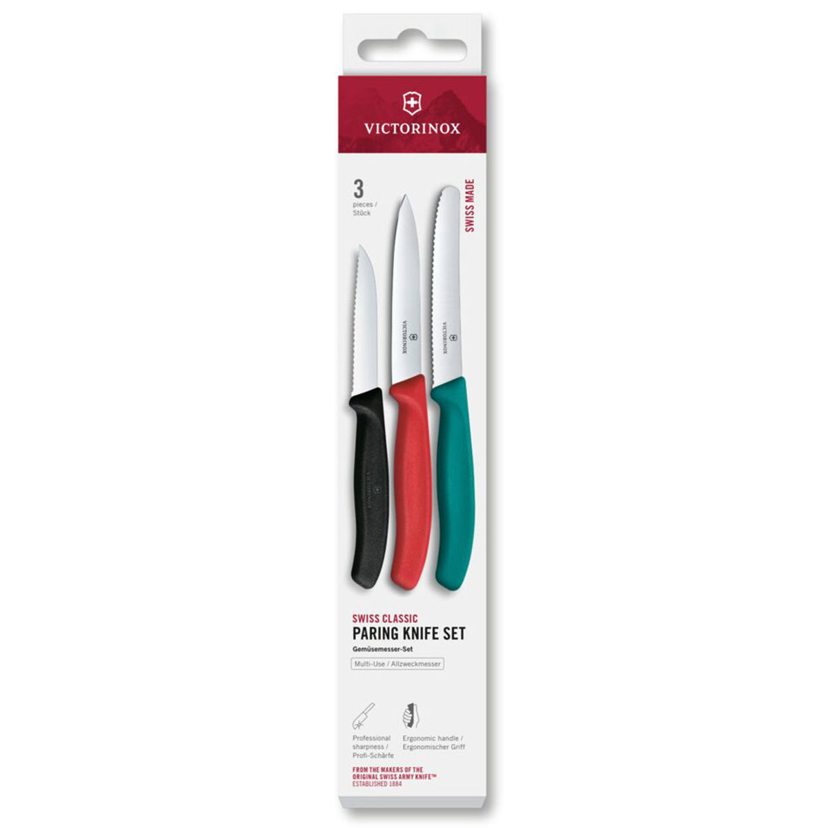 Sæt med tre Victorinox Swiss Classic urteknive i sort, grøn og rød