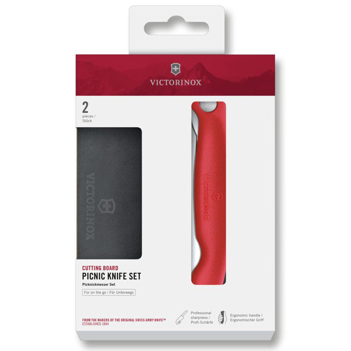 Victorinox Picnic sæt med rød tomatkniv med savtakket blad og kompakt skærebræt