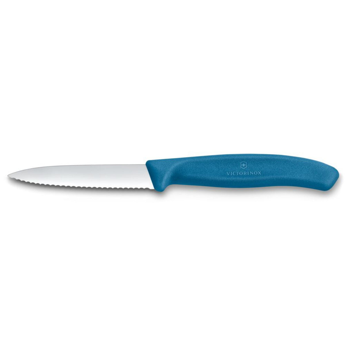 Blå tomatkniv Swiss Classic fra Victorinox med savtandet blad på 8 cm