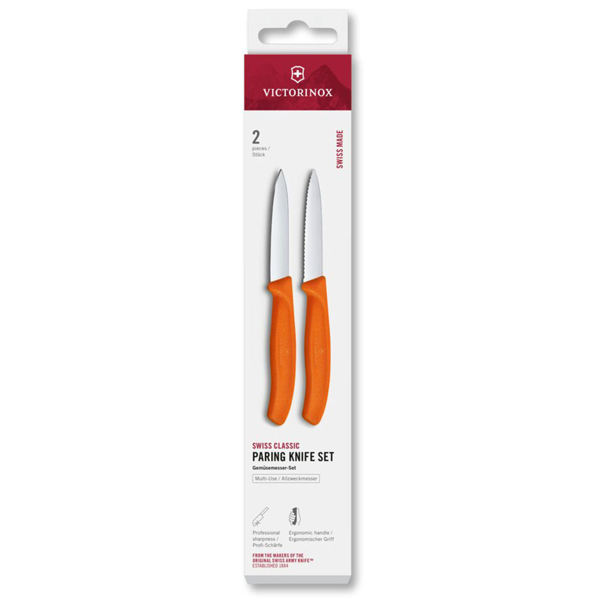 To orange Victorinox Swiss Classic knive med 8 cm blad, urtekniv og tomatkniv