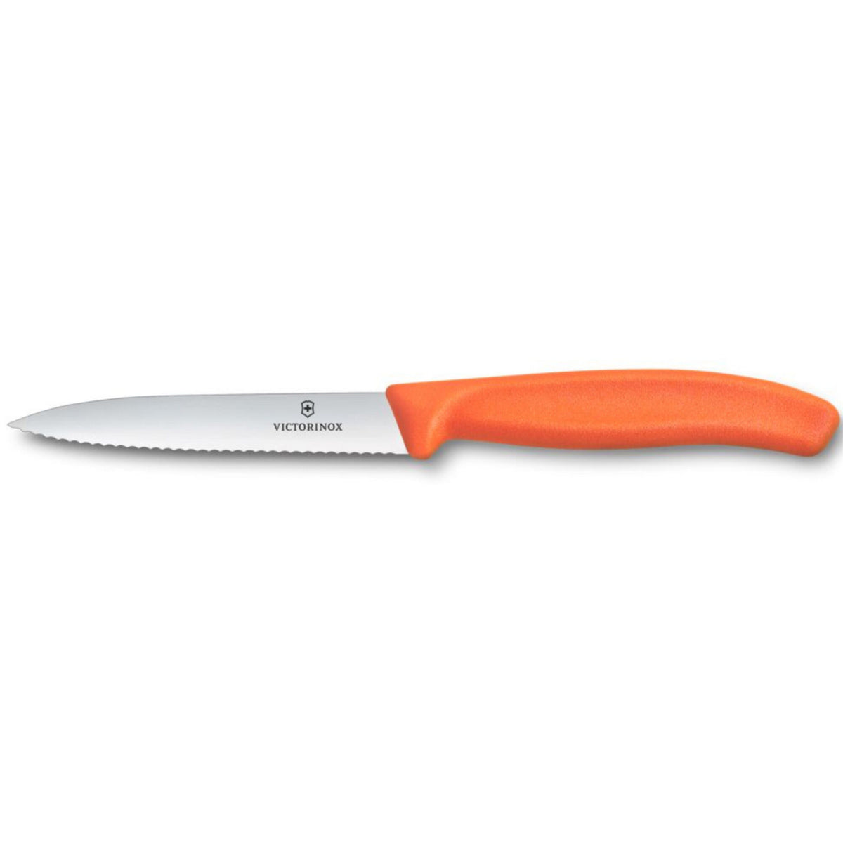 Victorinox Swiss Classic tomatkniv med orange skaft og savtakket blad, 10 cm