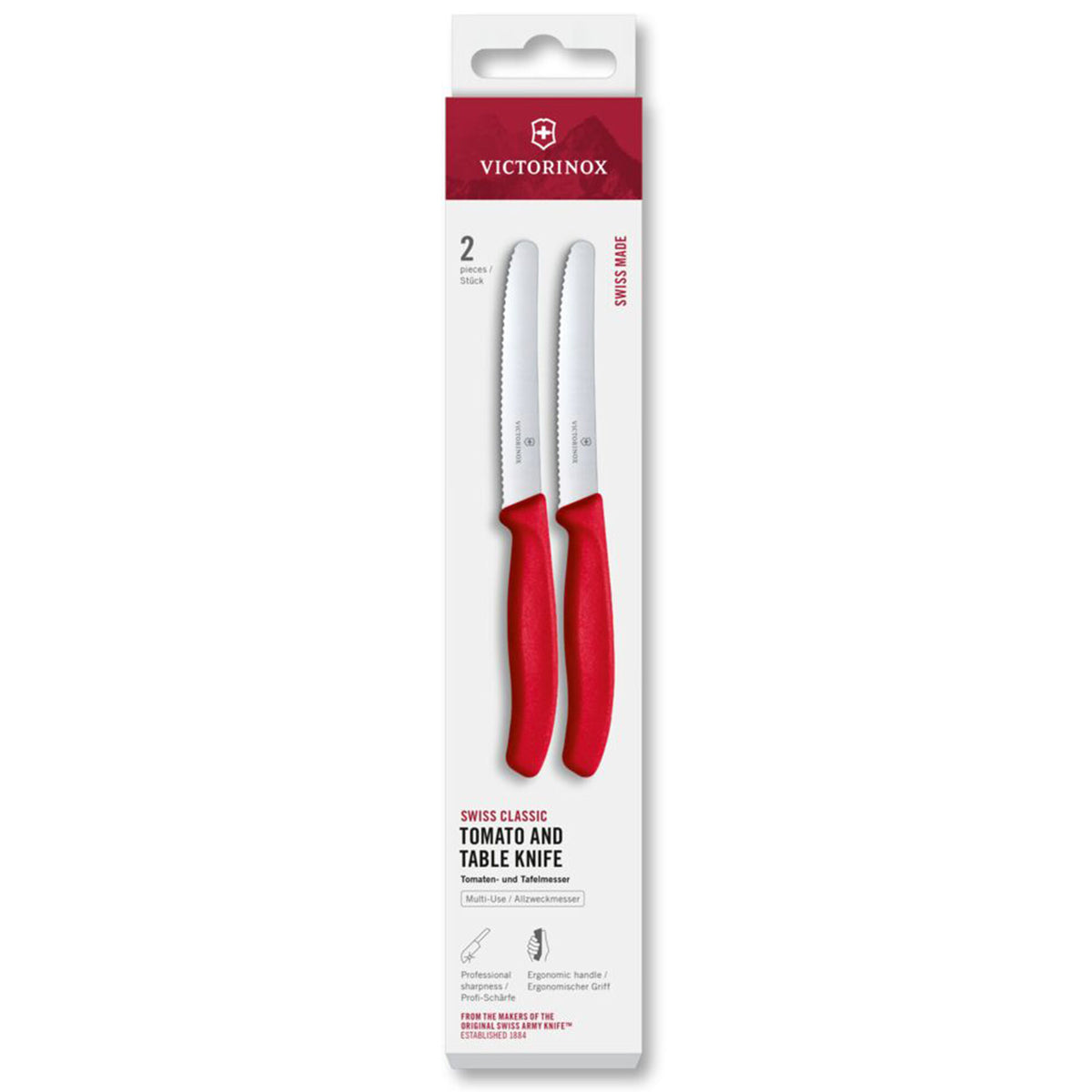 To røde Victorinox Swiss Classic tomatknive med savtakket blad på 11 cm