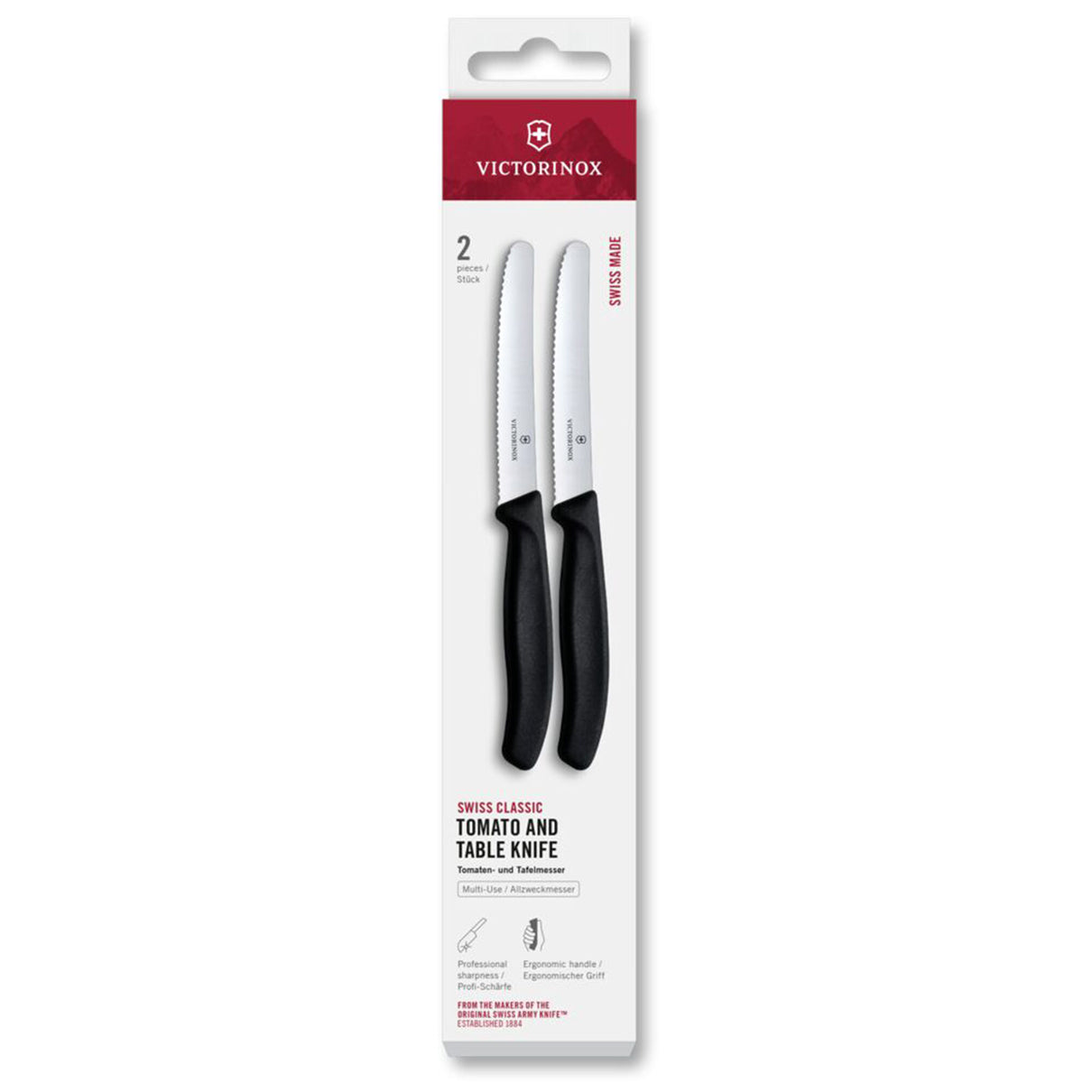 To Victorinox Swiss Classic tomatknive med savtakket blad i sort, 11 cm