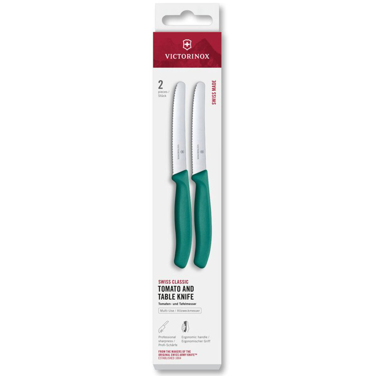 To grønne Victorinox Swiss Classic tomatknive med savtakket blad, 11 cm