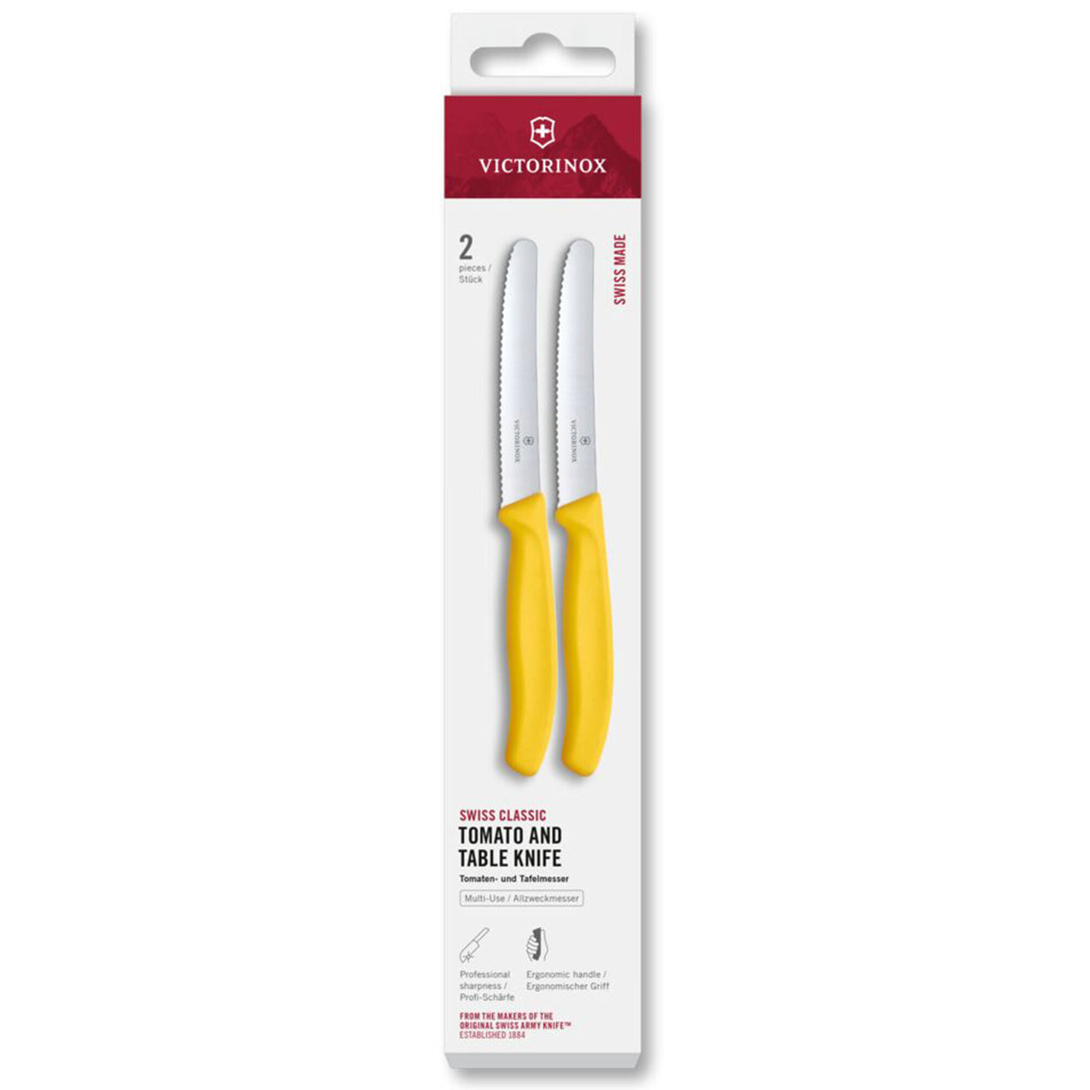 To gule Victorinox Swiss Classic tomatknive, 11 cm, med savtakket blad