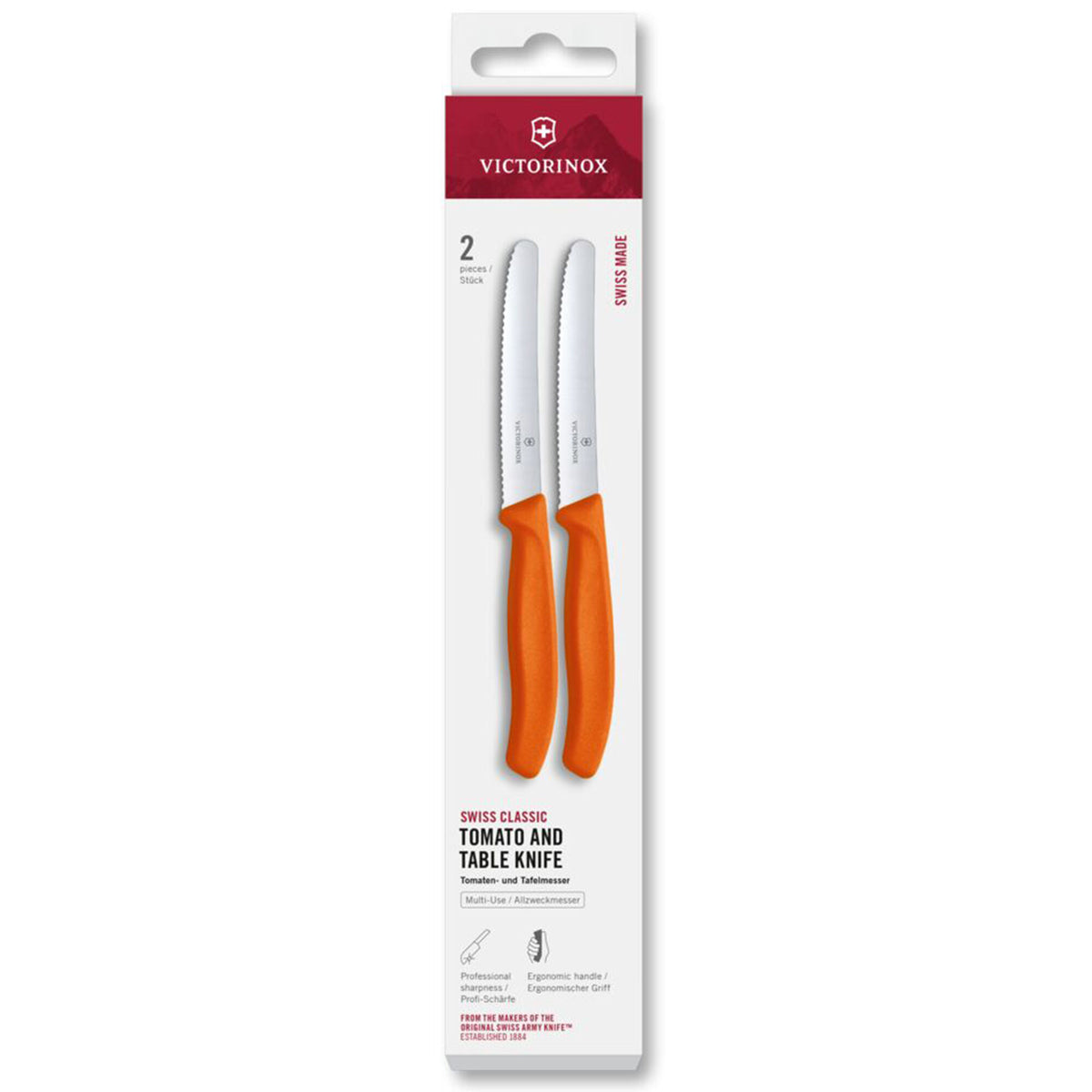 To orange tomatknive på 11 cm fra Victorinox, serien Swiss Classic