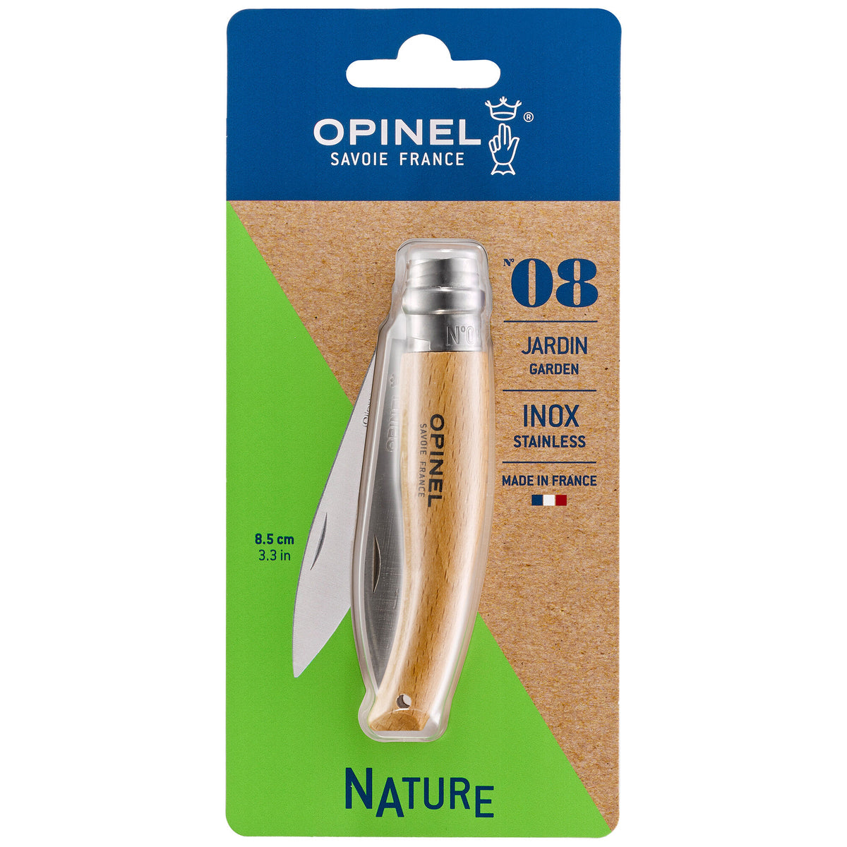 Opinel Nature N°08 havekniv med spids klinge til lugning og høst