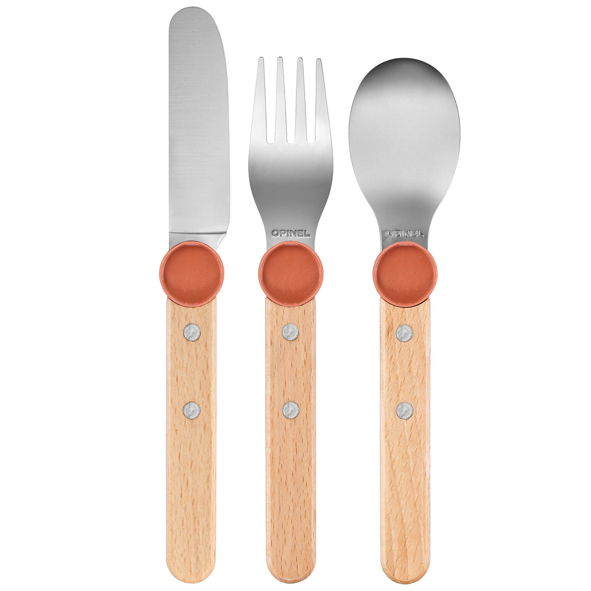 Opinel Le Petit Gourmet børnebestik med plastclips i coral
