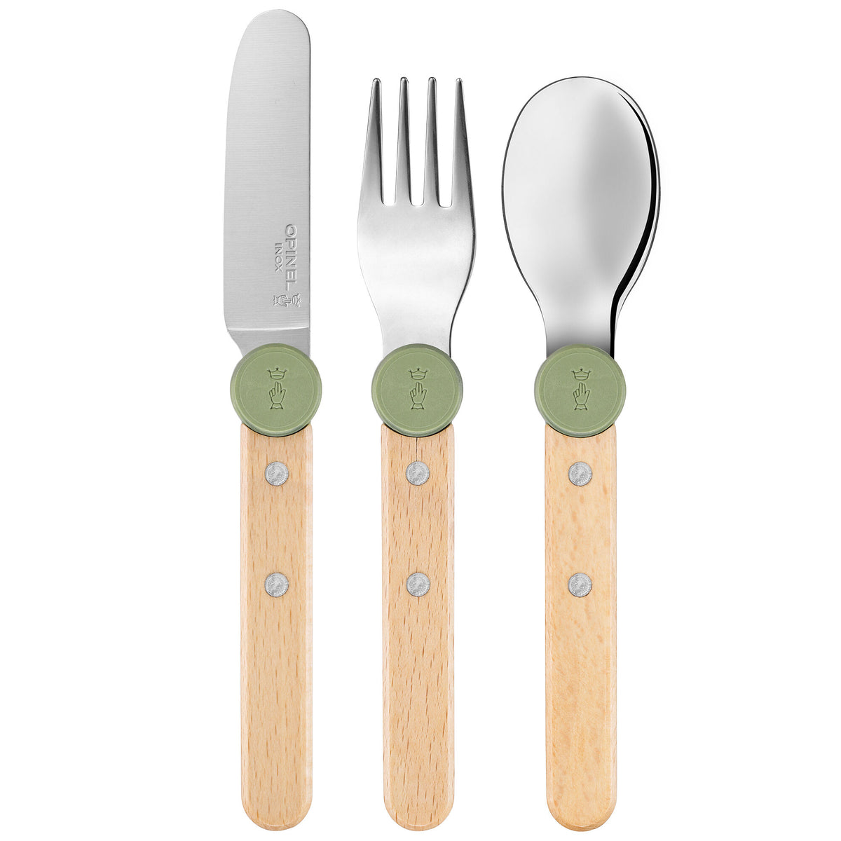 Opinel Le Petit Gourmet børnebestik i afdæmpet olivengrøn