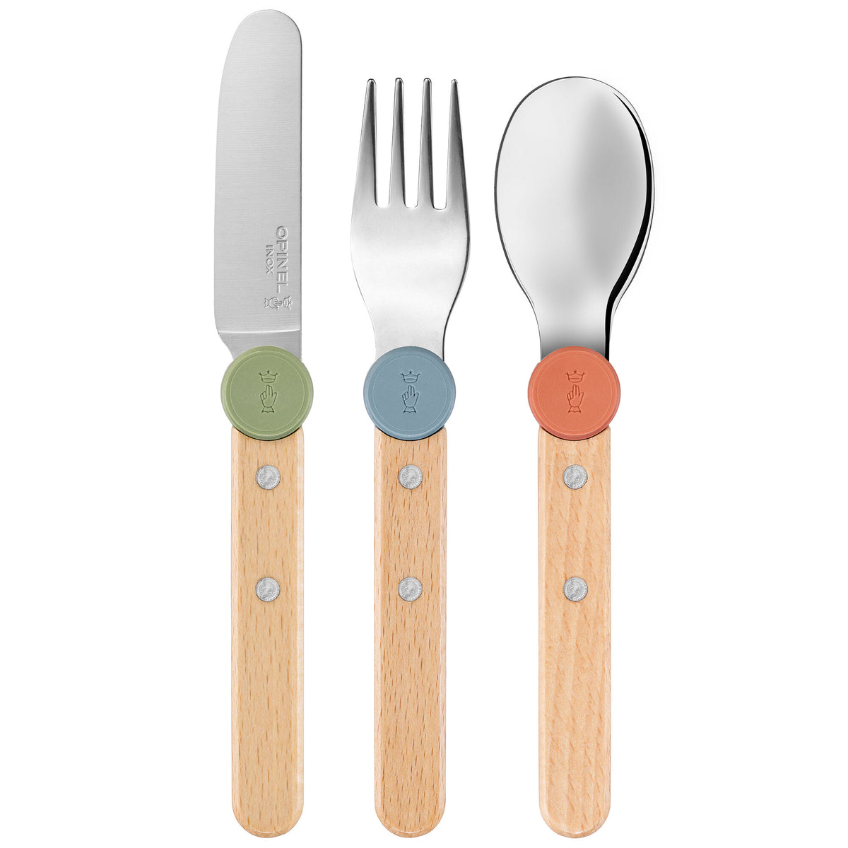 Opinel Le Petit Gourmet børnebestik med plastclips i blandede farver