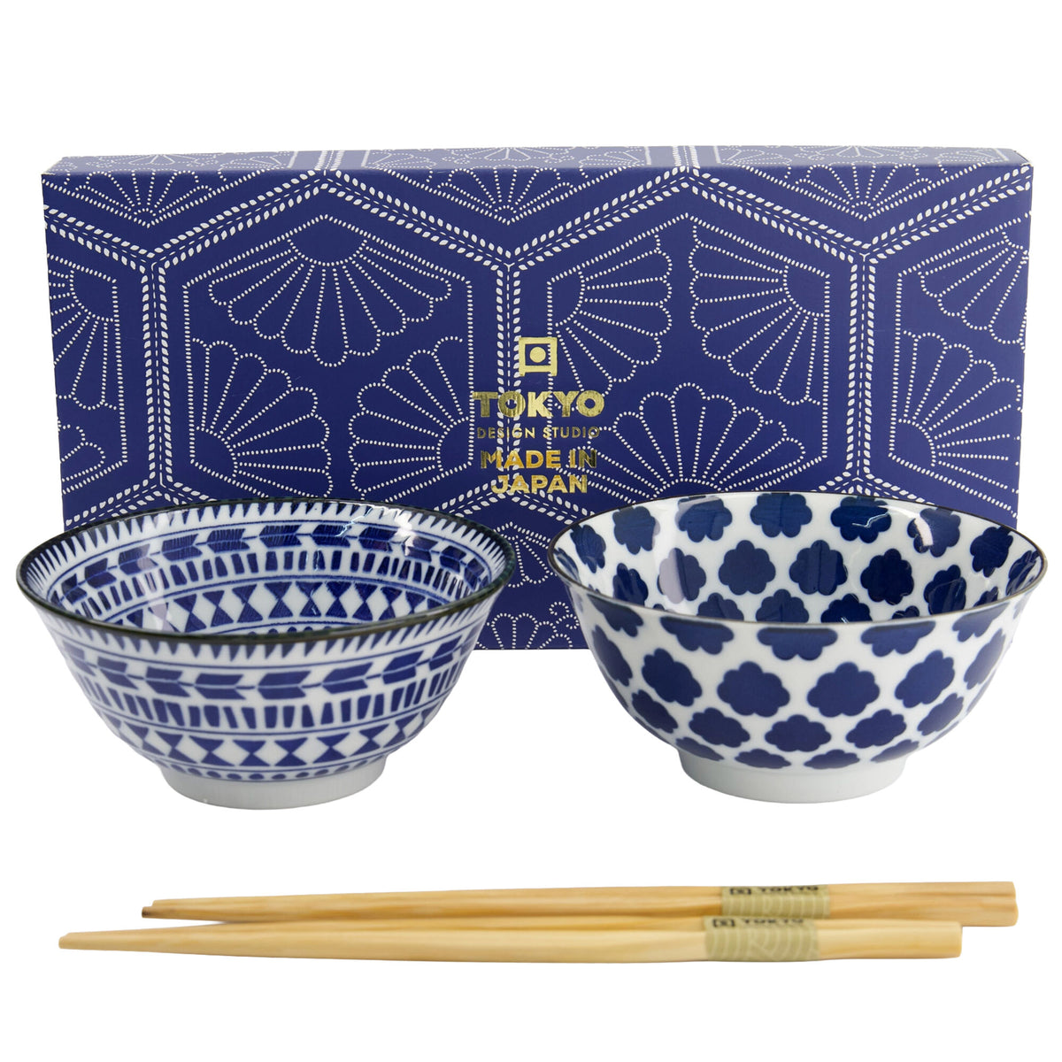 Tokyo Design Studio Tayo skålsæt med to blå-hvide skåle på 500 ml og spisepinde
