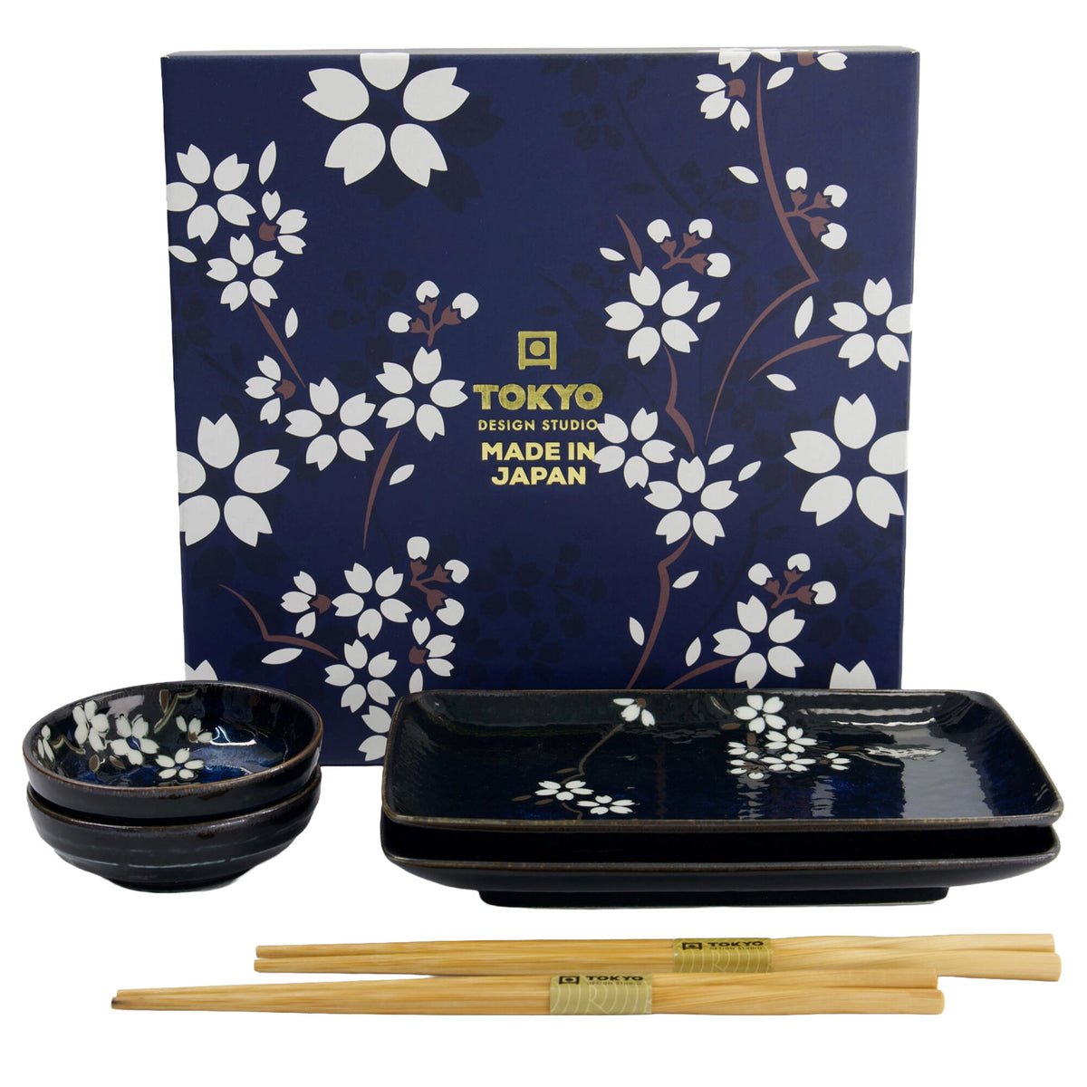 Sakura sushisæt i 6 dele fra Tokyo Design Studio med koboltblå glasur og lyst sakura-mønster
