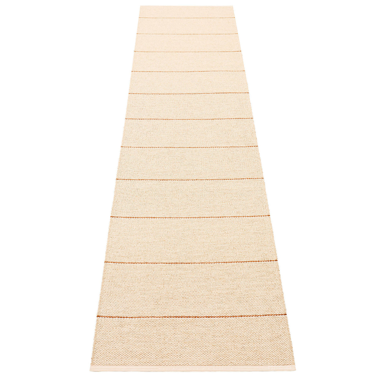 Pappelina Lea gulvtæppe på 300 x 70 cm i beige og vanilla med rustrøde striber
