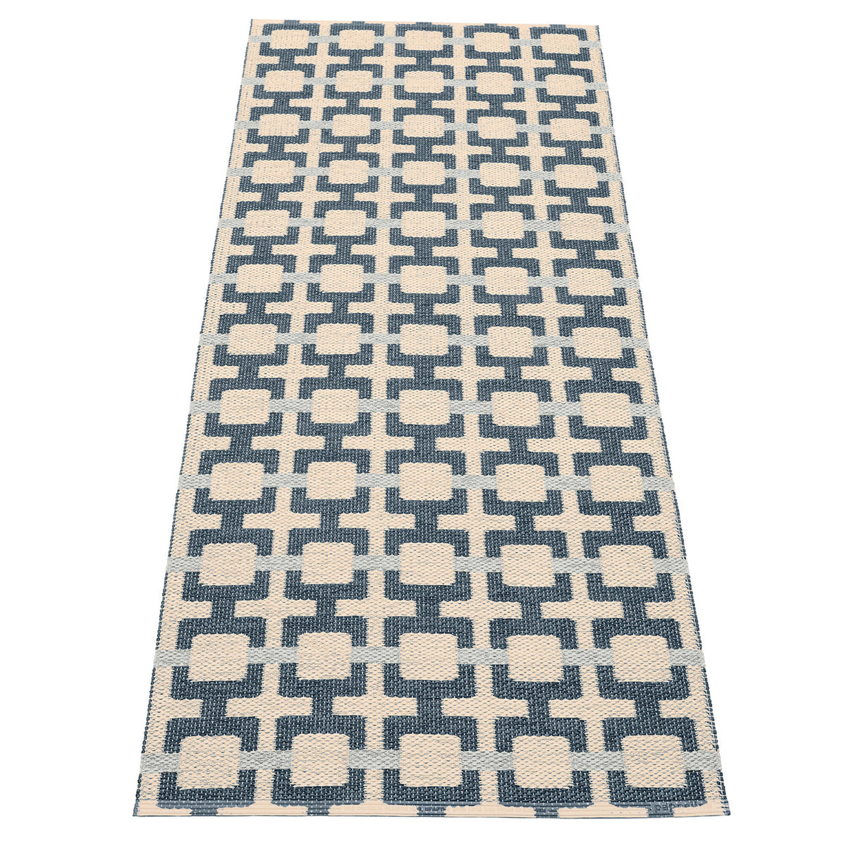 Pappelina Tom gulvtæppe i 180 x 70 cm med struktureret mønster i ocean blue, cream og fog