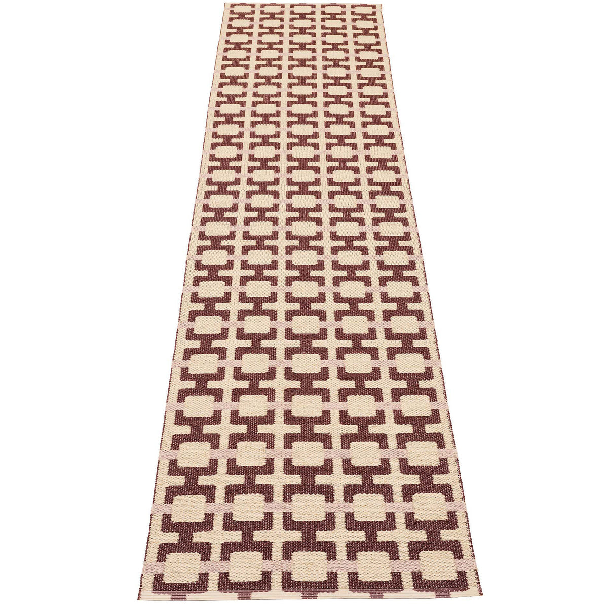 Pappelina Tom gulvtæppe 300 x 70 cm med grafisk mønster i burgundy, cream og rose