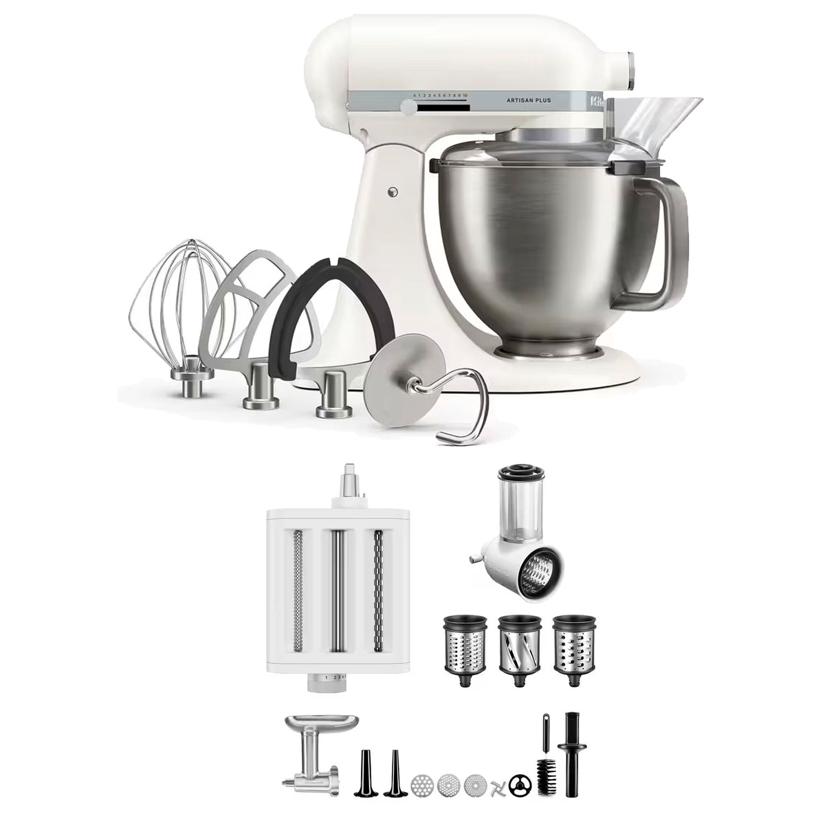 Hvid KitchenAid Artisan Plus køkkenmaskine i Porcelain White med skål i rustfrit stål