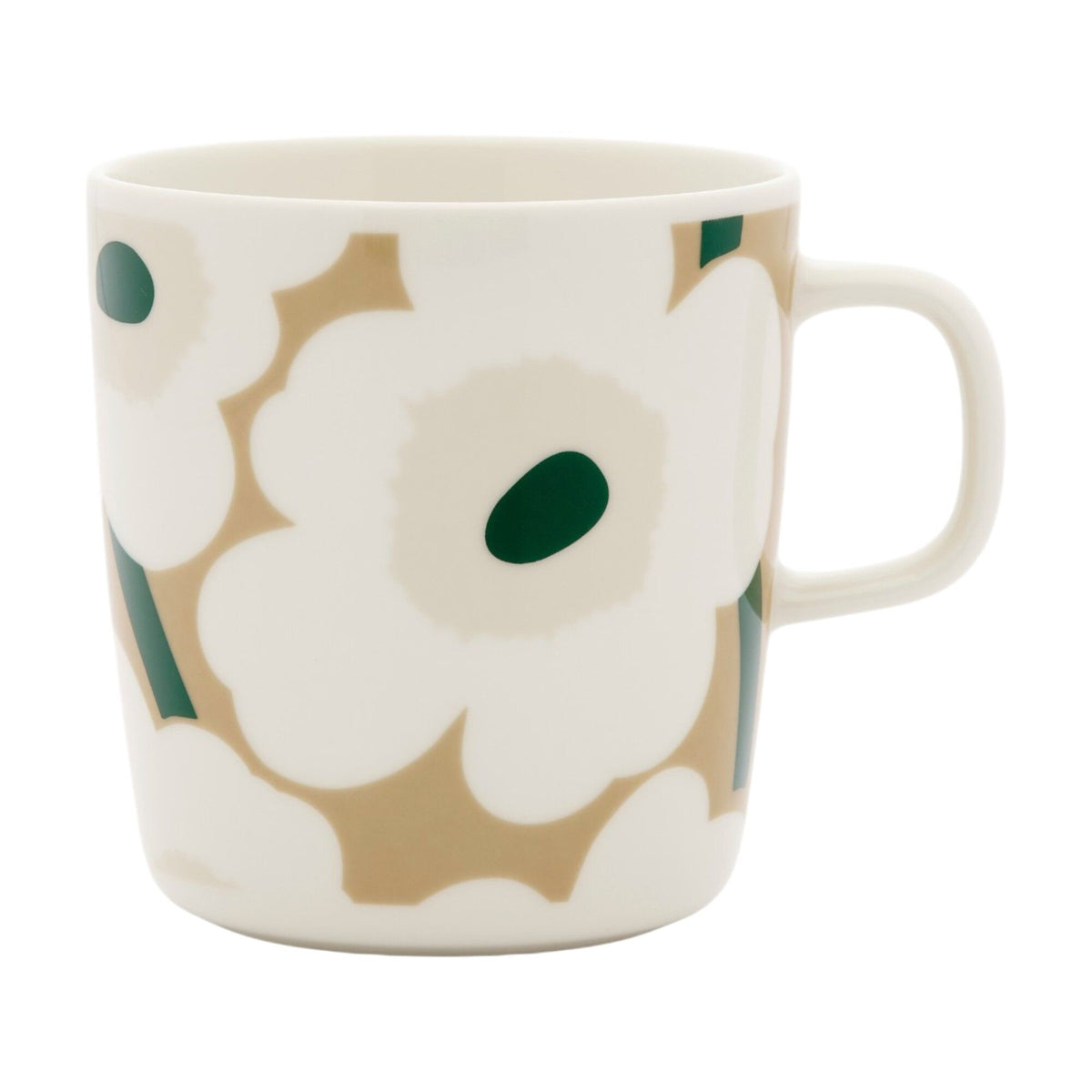 Marimekko Unikko Oiva-krus på 4 dl med blomstermotiv i hvid, beige, lys sand og mørkegrøn