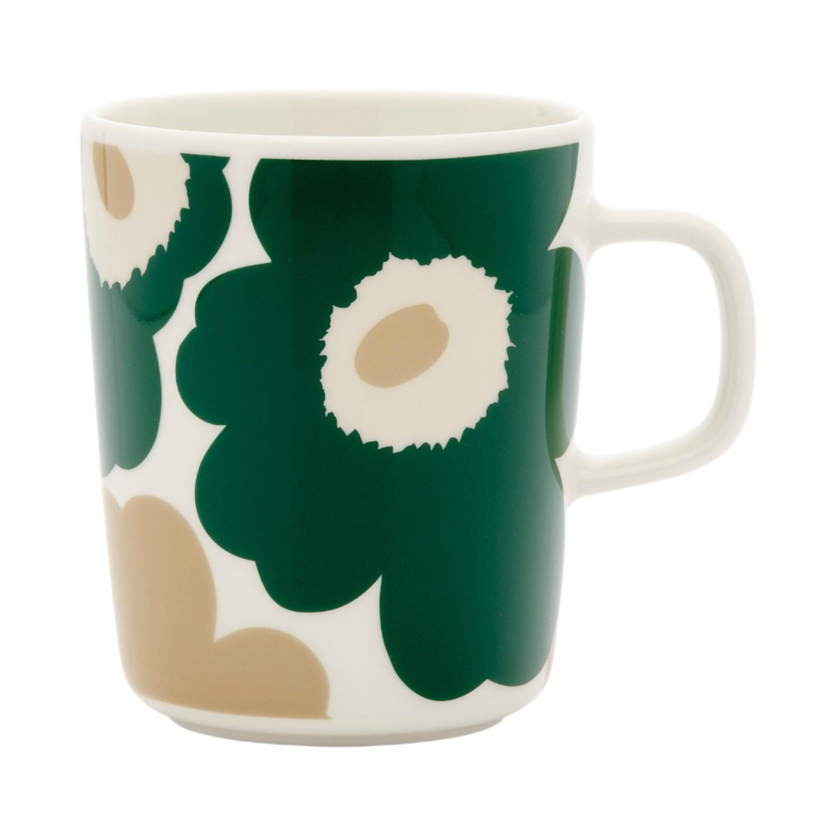 Marimekko Oiva krus med Unikko-valmueprint i hvid, mørkegrøn, beige og sand
