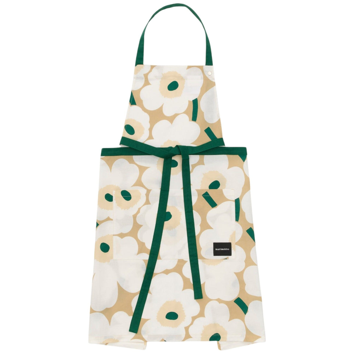 Marimekko Pieni Unikko forklæde med blomstermønster i sand, hvid, hø og smaragd