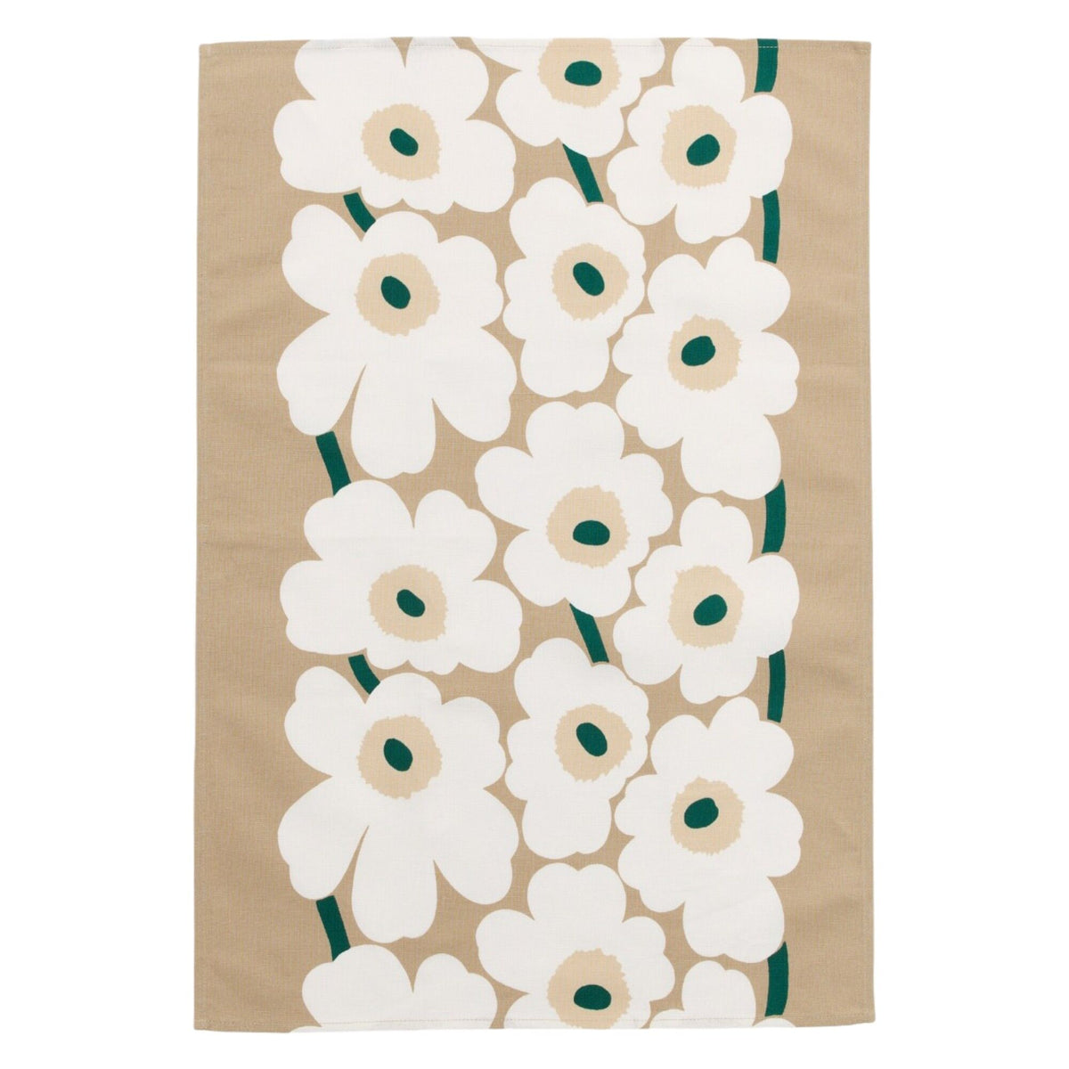 Marimekko Unikko køkkenhåndklæde med blomstermønster i sand, hvid, hø og smaragdgrøn