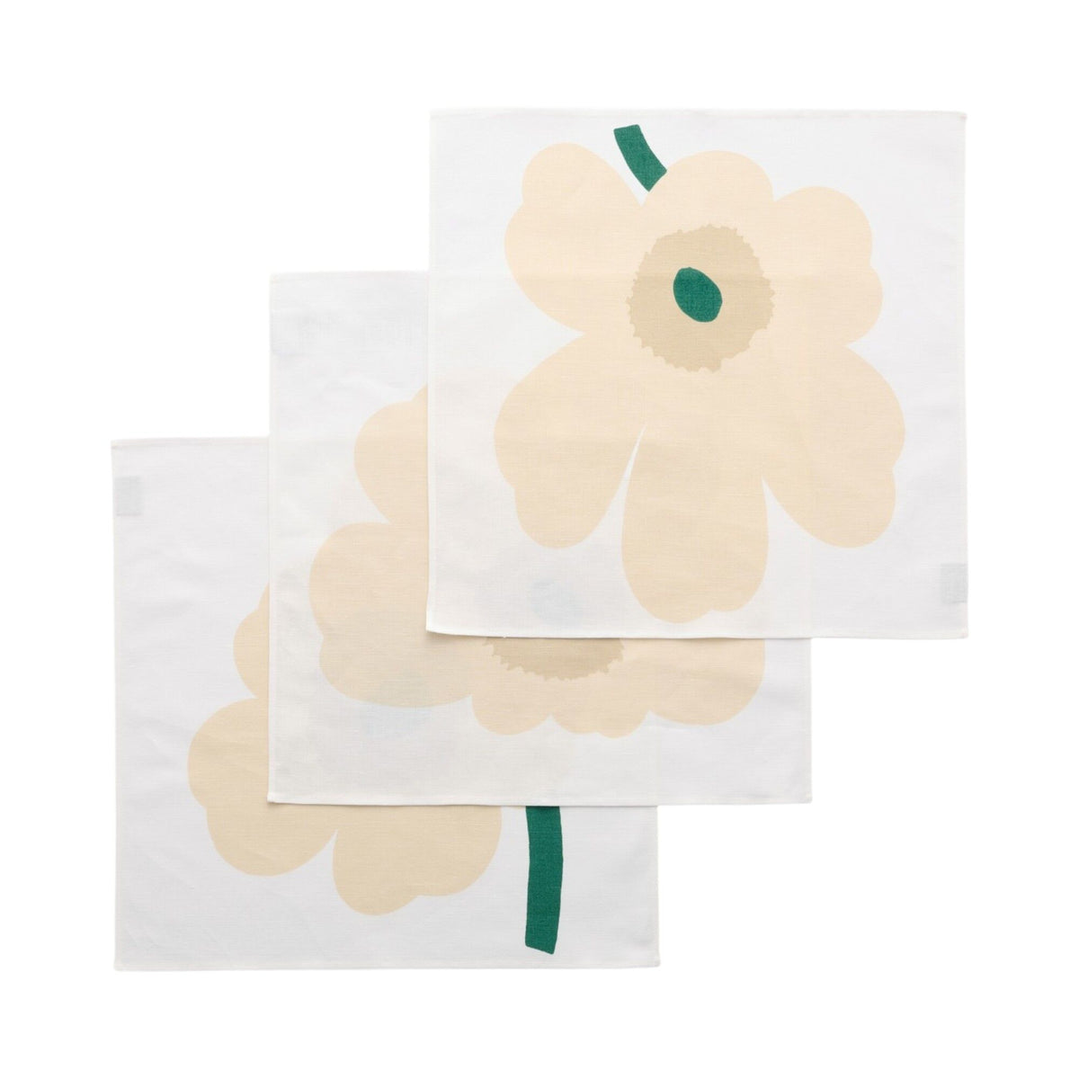 Tre Marimekko Unikko stofservietter 45 x 45 cm i hvid, hø, sand og smaragd med blomstermotiv