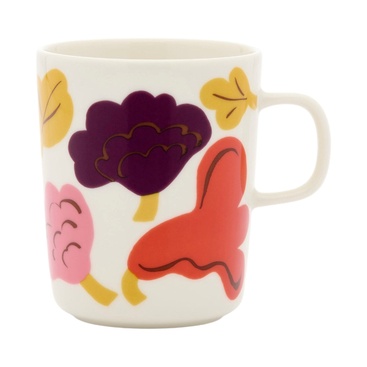 Marimekko Oiva-krus med mønsteret Kukasta kukkaan i hvid, rosa, terracotta og blomme
