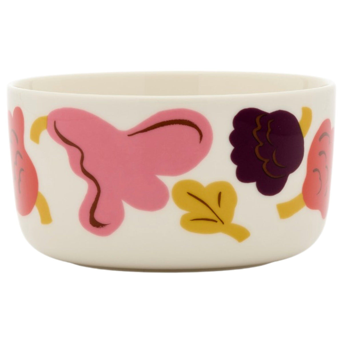 Marimekko Oiva-skål med Kukasta Kukkaan-mønster i hvid, rosa, terracotta og plomme