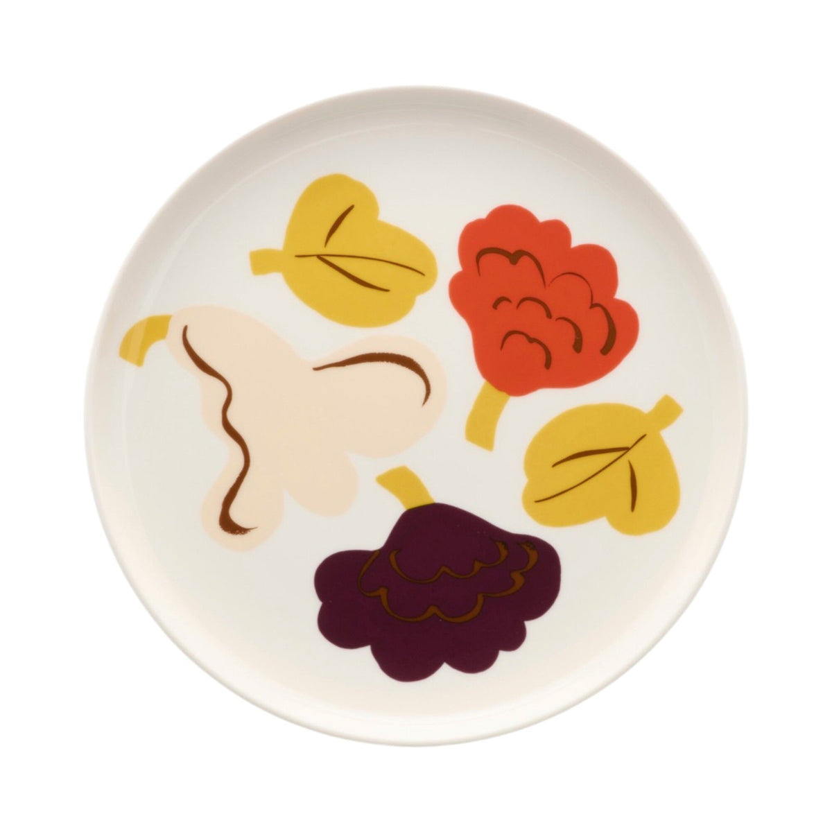 Marimekko Oiva småtallerken 20 cm med mønstret Kukasta kukkaan i hvid, vanilje, terracotta og blomme