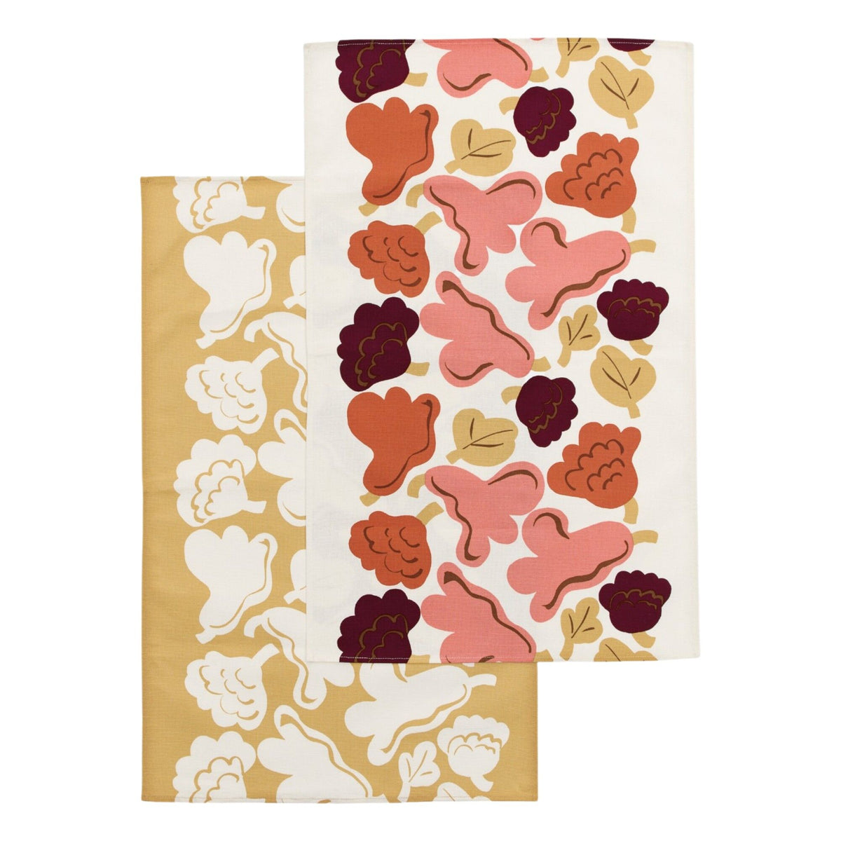 Marimekko Kukasta Kukkaan køkkenhåndklæder med blomstermønster i naturhvid, rosa, terracotta og okker