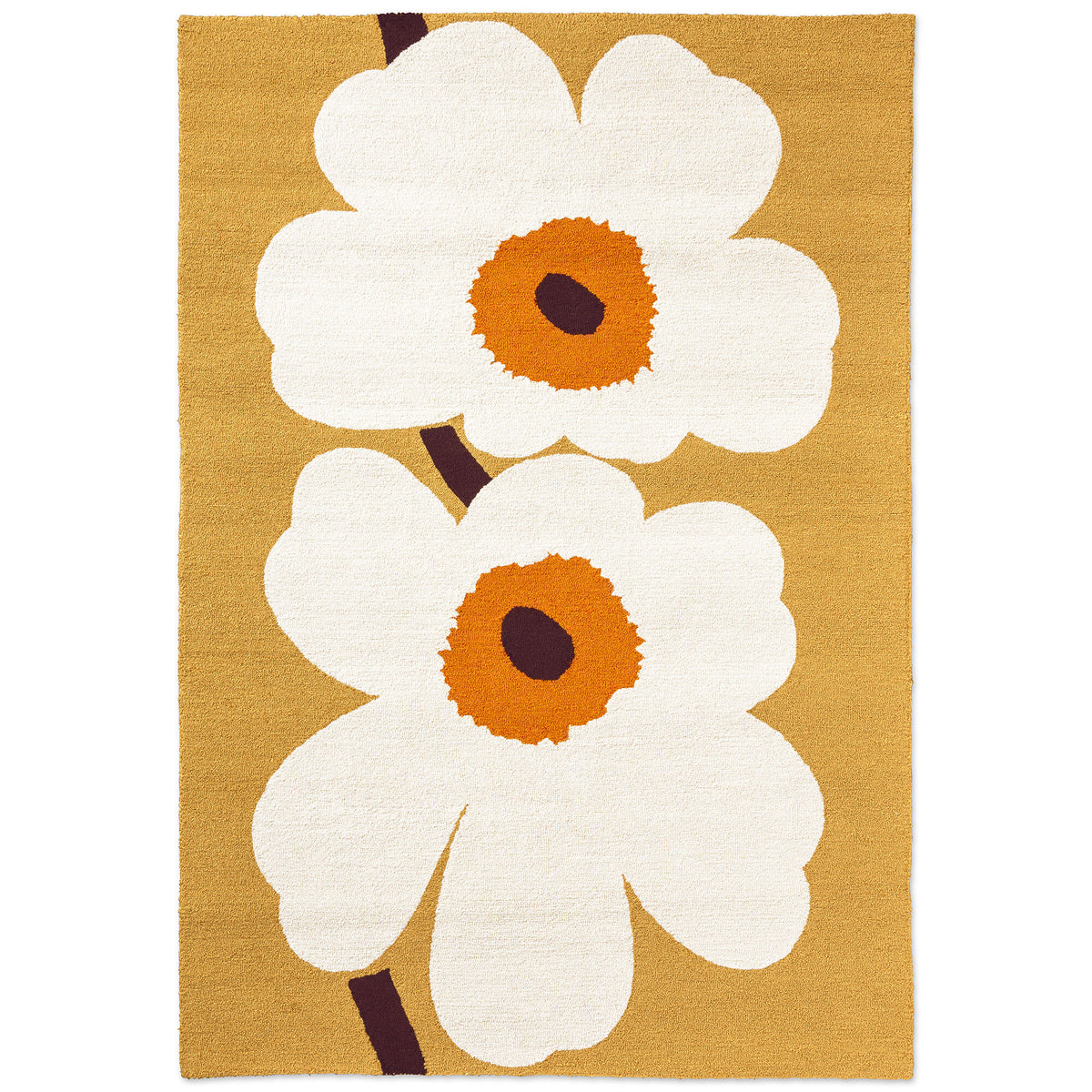 Orange Marimekko Unikko udendørsmåtte med store hvide blomster på gylden bund