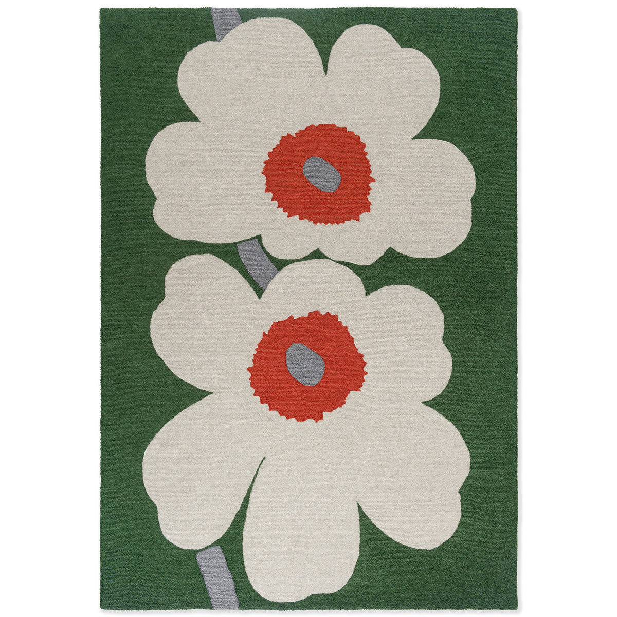 Marimekko Unikko gulvtæppe i grøn med store lyse blomster og røde detaljer