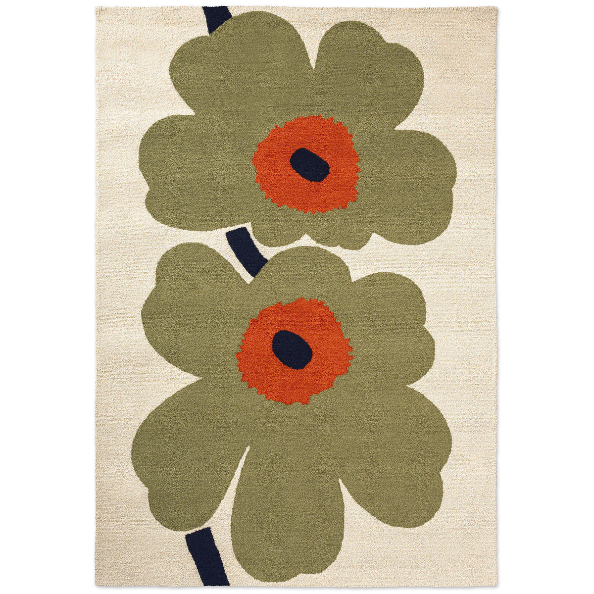 Marimekko Unikko udendørs tæppe i støvet grøn med store blomsterformer på lys bund