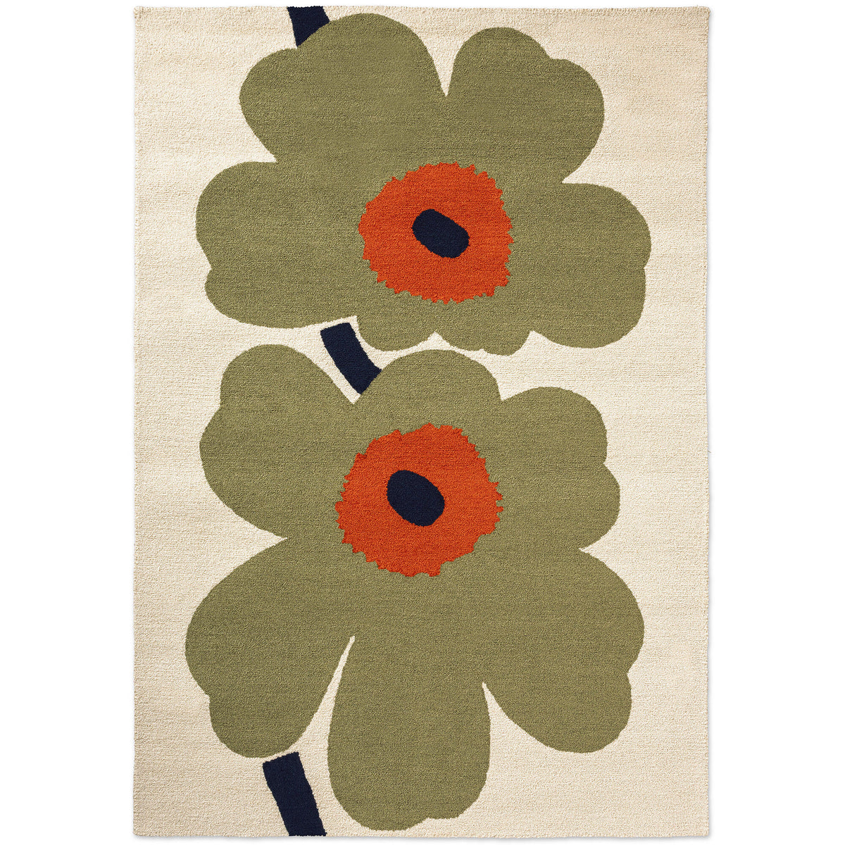 Marimekko Unikko udendørstæppe i støvet grøn med store blomstermotiver på lys bund, 250 x 350 cm