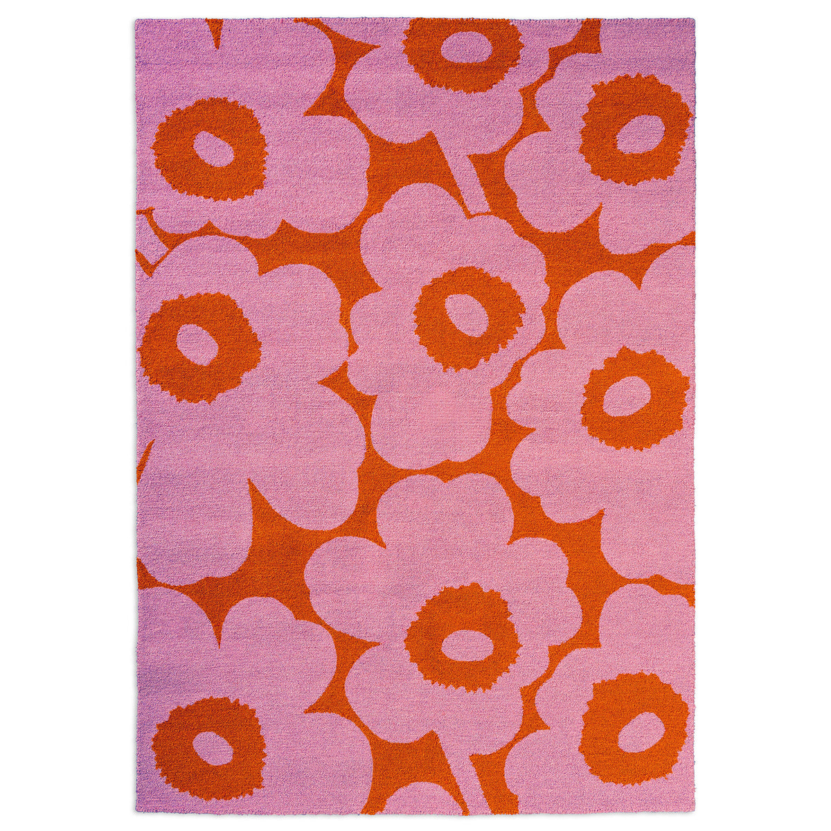 Marimekko Unikko gulvtæppe til udendørsbrug med store blomster i lyserød og orange