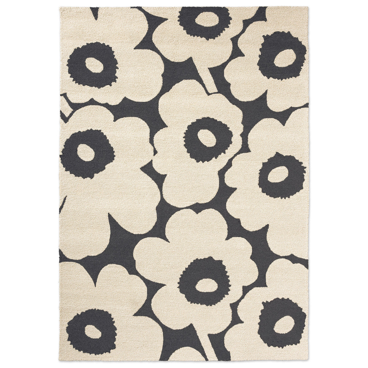 Marimekko Unikko udendørsgulvtæppe i mørkegrå og creme med blomstermønster