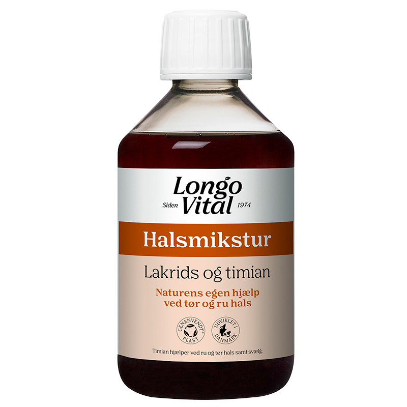 Flaske med Longo Vital Halsmikstur med lakrids og timian, 250 ml