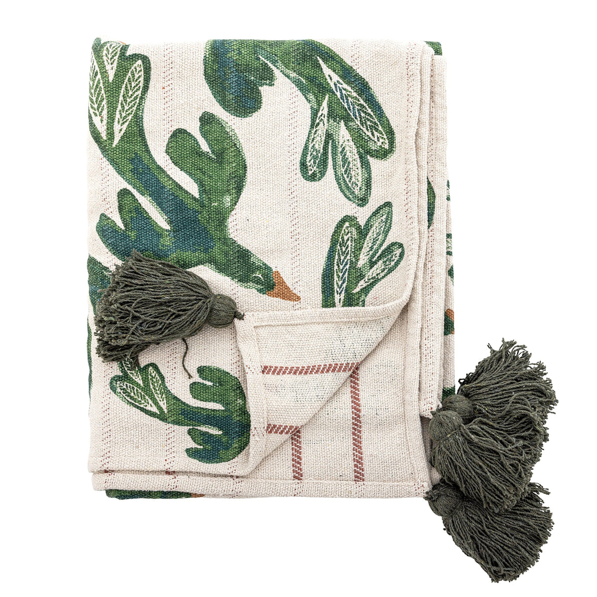 Bloomingville Birdliva plaid med fuglemotiv på beige bund og grønne kvaster