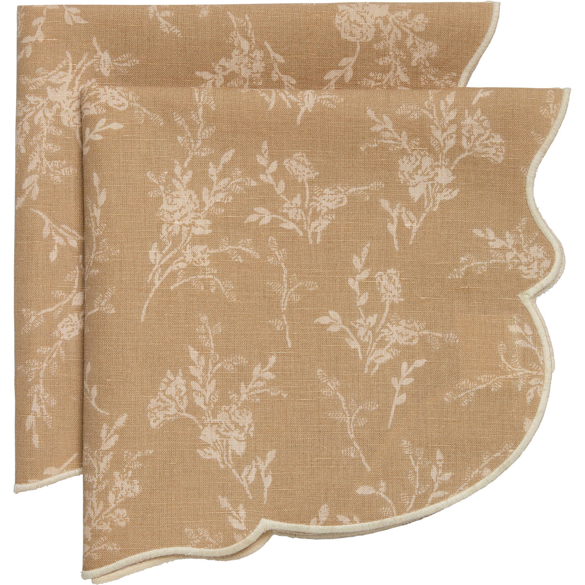 To beige stofservietter fra Decotique Gia med blomstermotiv og bølget kant, 45 x 45 cm