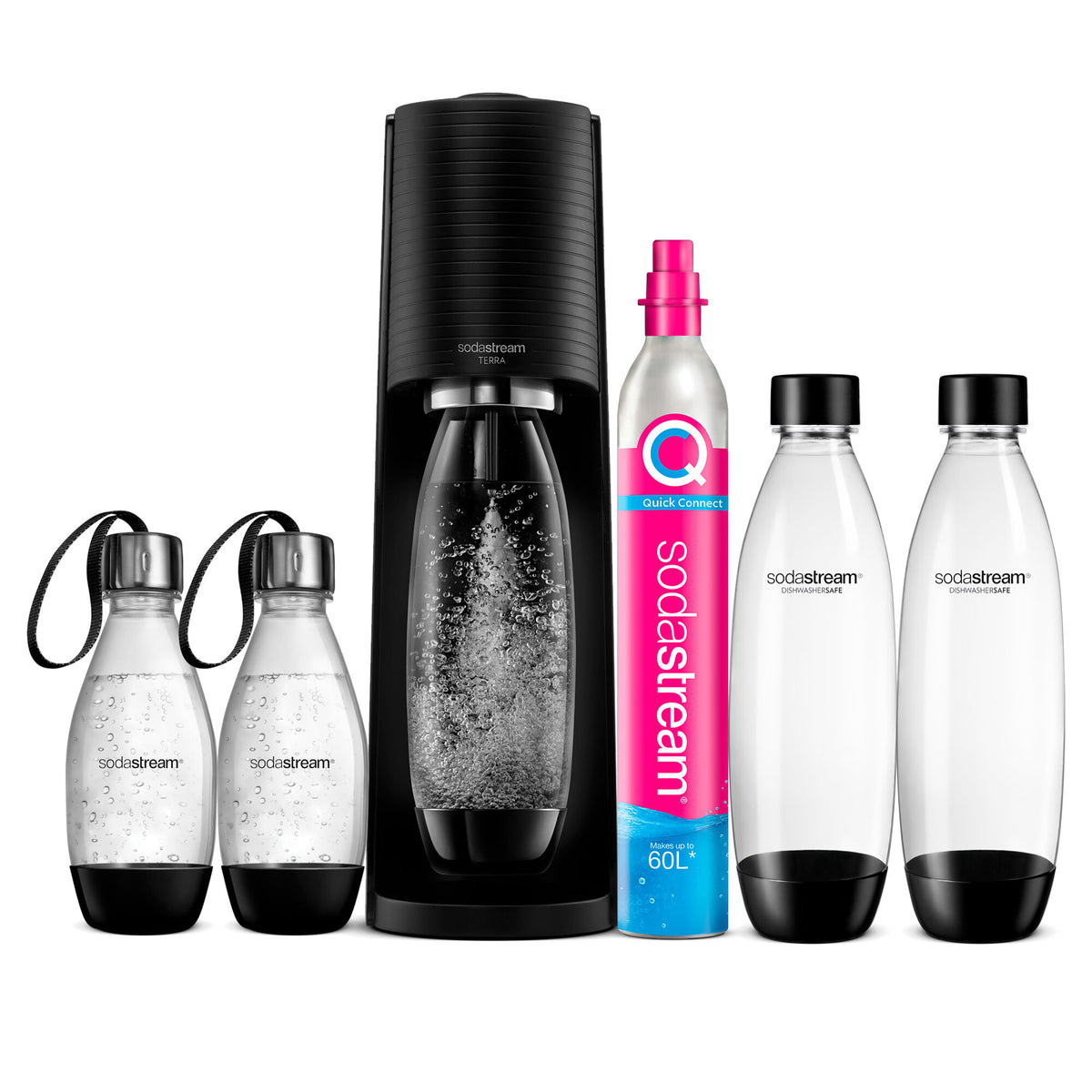 Sort Sodastream Terra kulsyremaskine Gigapack med kompakt design og matte overflader