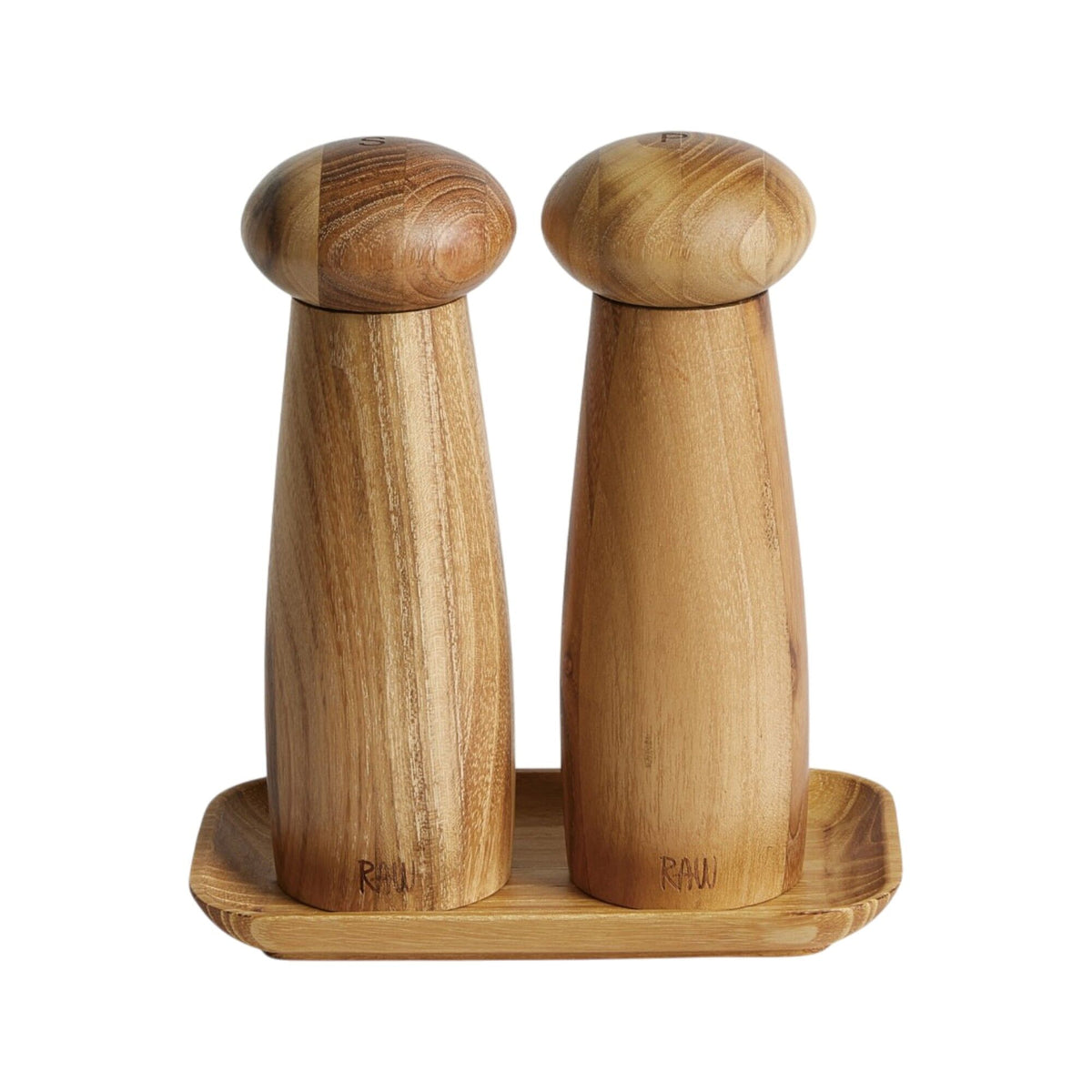 Kværnsæt med bakke i lys teak fra Aida RAW til salt og peber